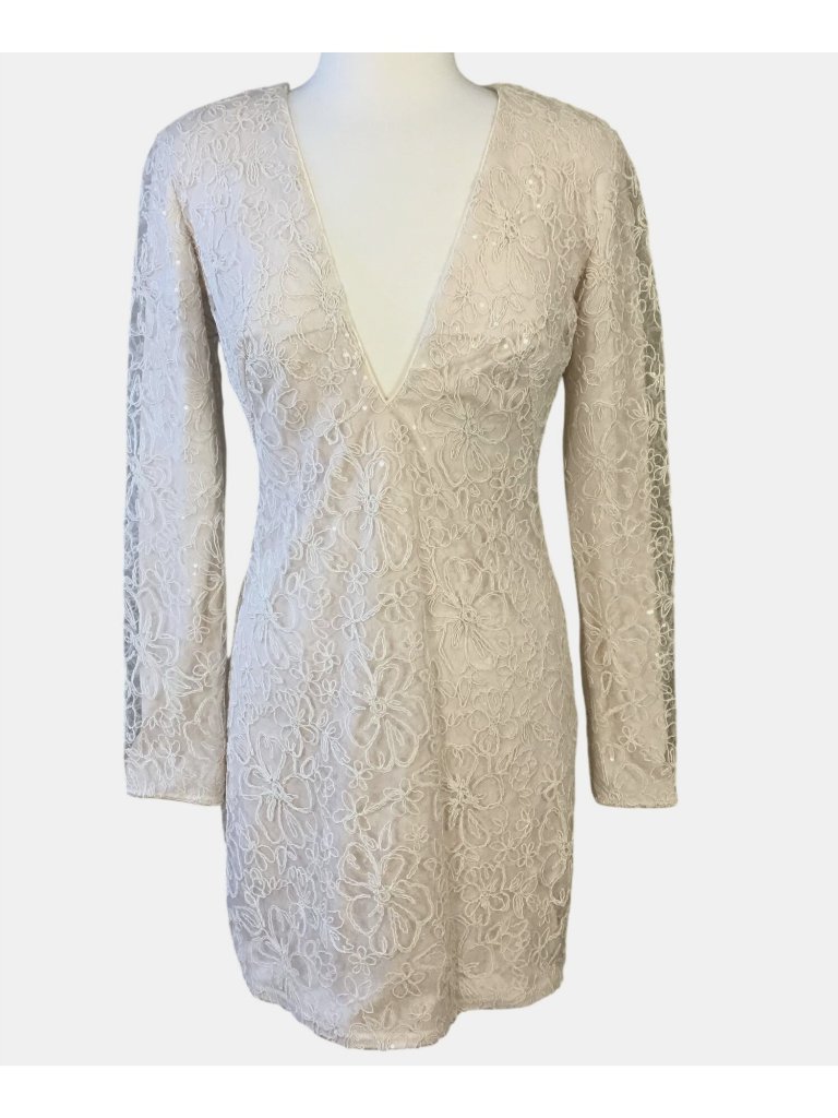 Tadashi Sho Jute Plunge V-Neck Ls Lined Sequin Embellished Lace Mini Dr 12 Nwot
